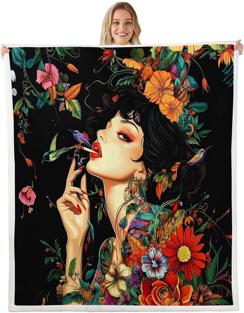 Japanese Geisha Girl Throw BlanketPink Purple Floral BlanketsMoon Starry Sky Night Fleece Blanket for Kids Girls Woman Adult