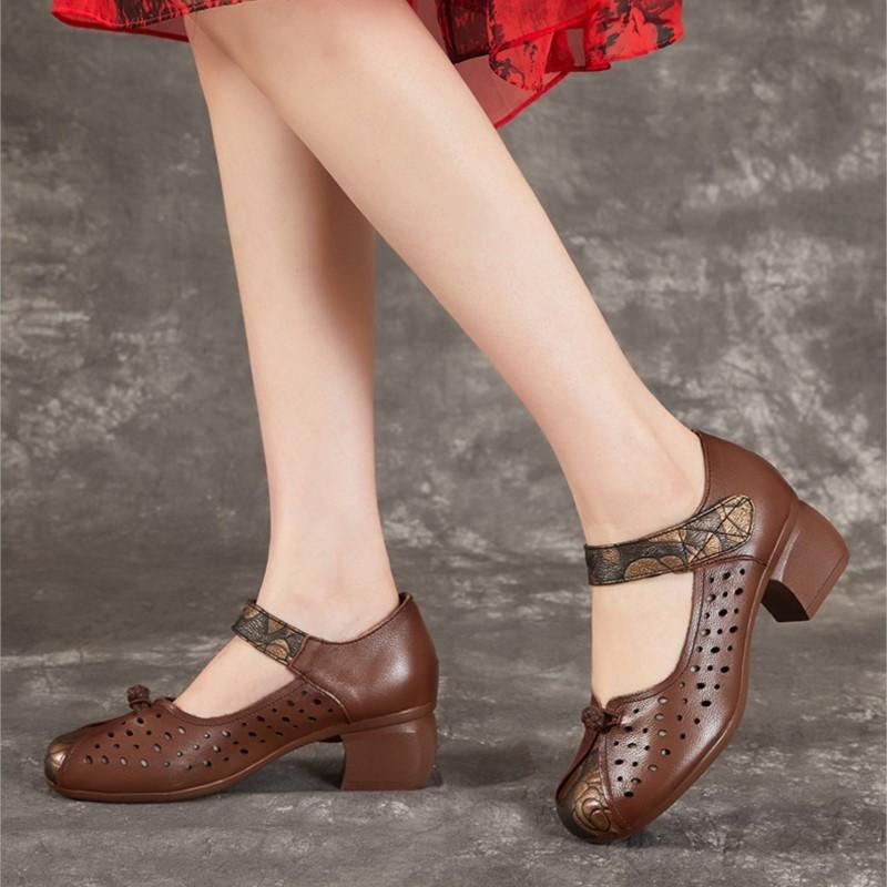 Johnature Женская обувь, туфли-лодочки в этническом стиле, дышащие сандалии из натуральной кожи на толстом каблуке и мягкой подошве