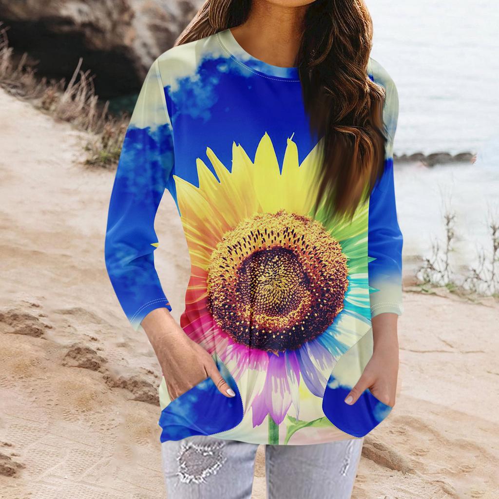 Женская модная повседневная футболка с карманом и круглым вырезом с рукавами 3/4 и топом