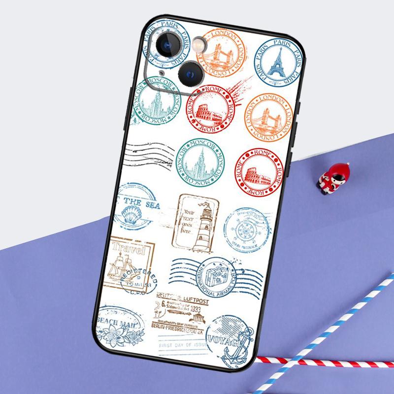 Retro Post Card Passport Stamps Phone Case For iPhone 16 Pro 15 Pro 11 12 13 14 Pro Max Mini XR 16e 15 16 Plus Cover Shell