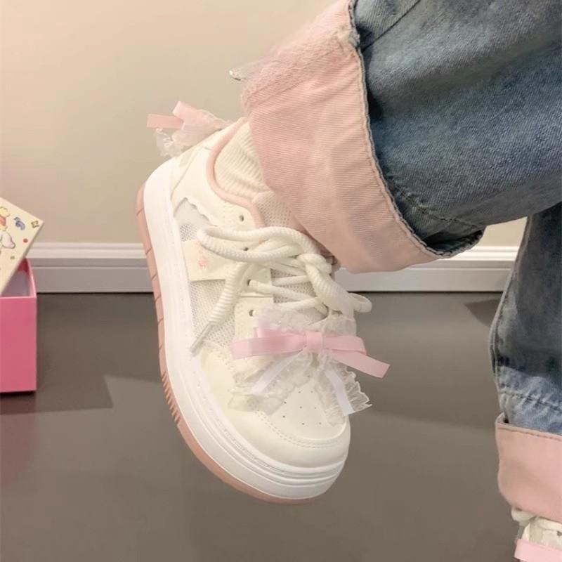 Оригинальные белые туфли с толстой подошвой и бантом, женские летние сетчатые дышащие туфли для сноуборда, модные универсальные туфли для студентов