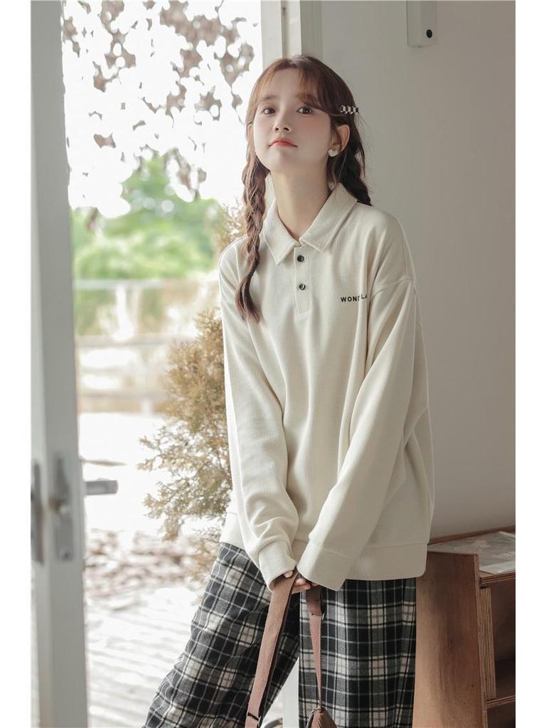 Ретро Толстовка-поло свободного кроя - Повседневный топ с длинным рукавом