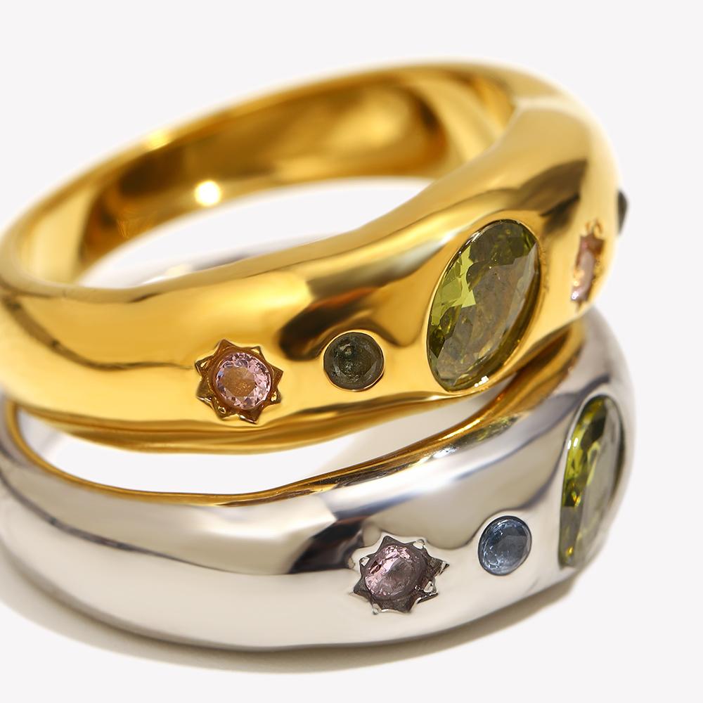 E.B.belle Green Zircon Sun Pattern Ring Stainless Steel Classic Style Creative Personalized Tarnish Free Jewelry for Women
