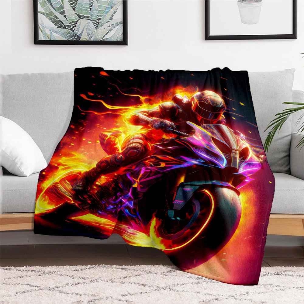 "Flaming Speed: Neon Motorcycle Art Print"Blanket Flannel Throw Blanket for Sofa, Bed, Travel, Camping, Office, Couch, Chair, And Bed Gift f