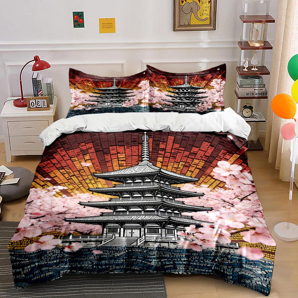 Pagoda and cherry blossoms. Bedding sets Duvet cover sets Duvet covers Pillowcases(1 * Duvet Cover 2 * Pillowcases, without duvet insert)
