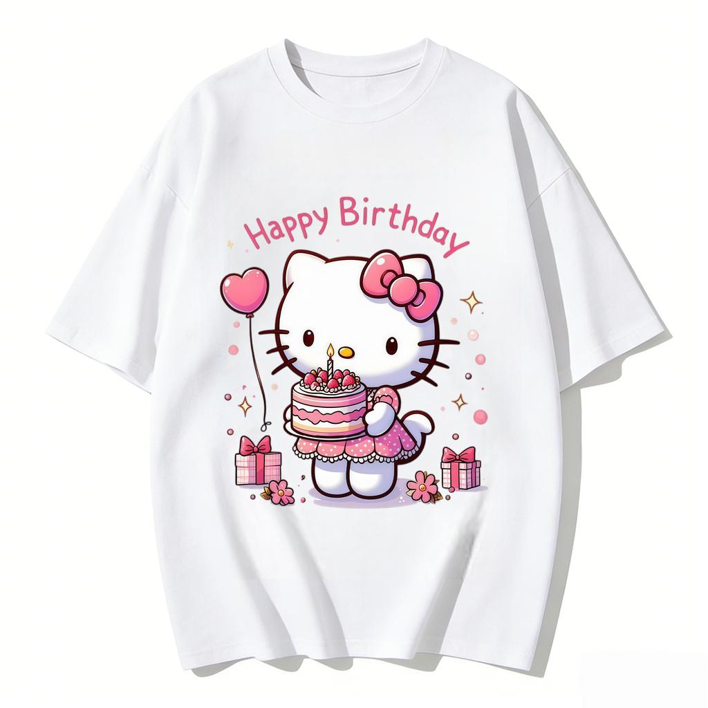 2026 New Hello Kitty Happy Birthday Cake Cartoon Print Tshirt Family Matching Outfits Casual Short Sleeve Tee for Women Unisex Kid