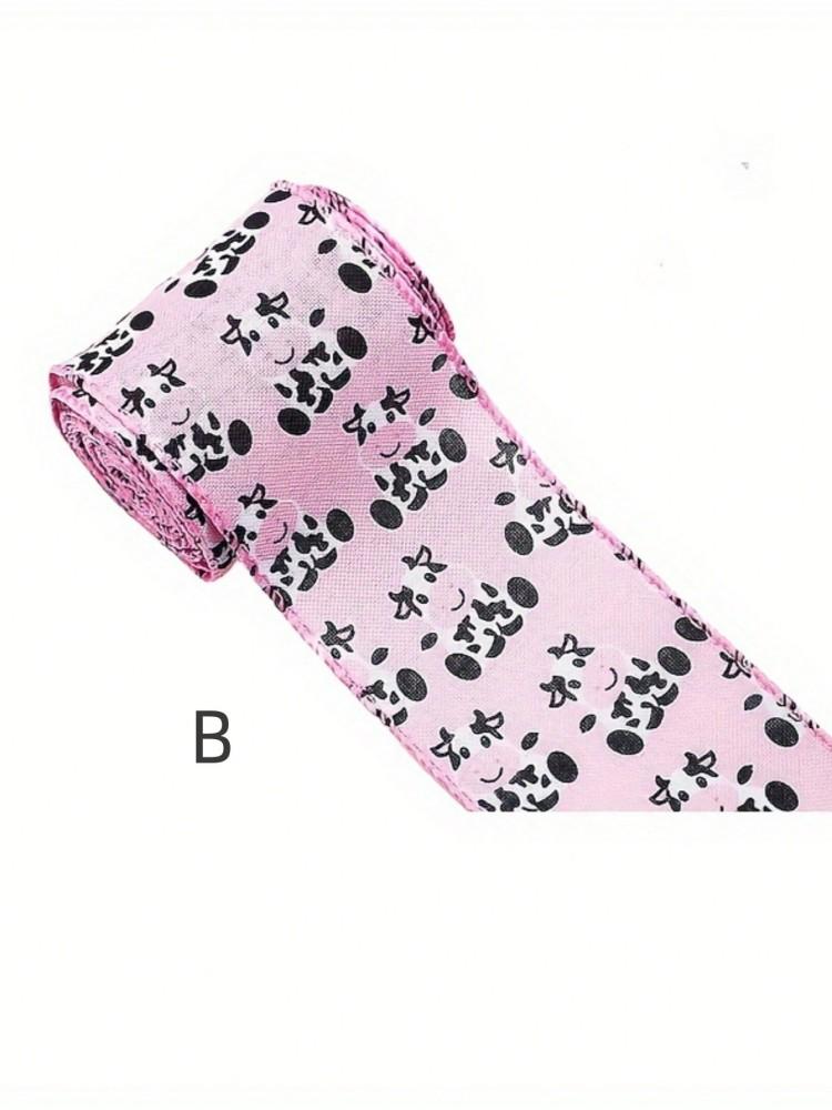 Cow Printed Coarse Linen Woven Tape with Steel Wire Edges, Black and White Stripes, Dot Packaging Ribbon, Pink Strawberry Cow Ri