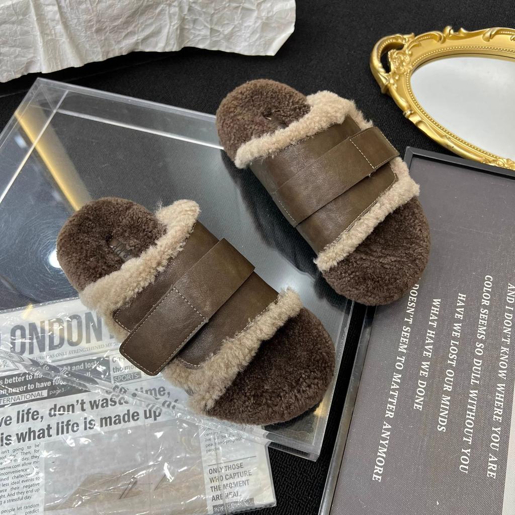 Европейские осенне-зимние шерстяные туфли нишевого дизайна из овечьей шерсти, высокого класса, на толстой подошве, для улицы, ретро с пряжкой на ремне, хлопковые тапочки женские