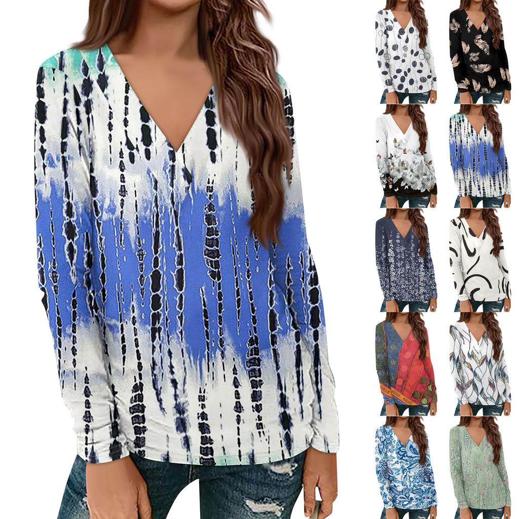 Women's Casual Printed Long Sleeve Loose V-Neck Pullover Top