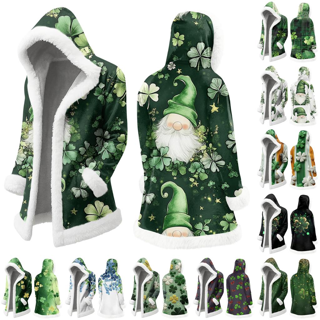 Unisex Casual And Fashionable Plush Collar Hooded Long Sleeved St. Patrick's Print Jacket