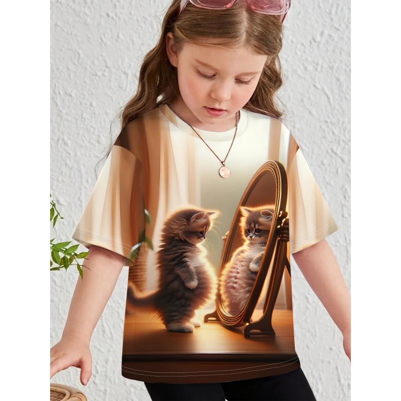 Детская одежда Одежда для девочек Футболка с коротким рукавом для девочек с принтом животных из мультфильмов Повседневная футболка с круглым вырезом для девочек Летняя детская одежда