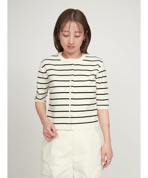 Emi Cool Touch Half Sleeve Knit BORDER Women's Top, 13WNT252041,