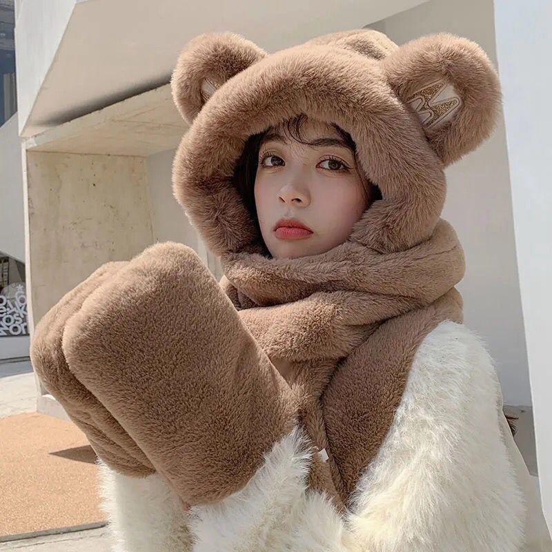 Зимний плюшевый комплект из трех предметов «Уши Микки»: Шапка, шарф и перчатки — толстые и теплые