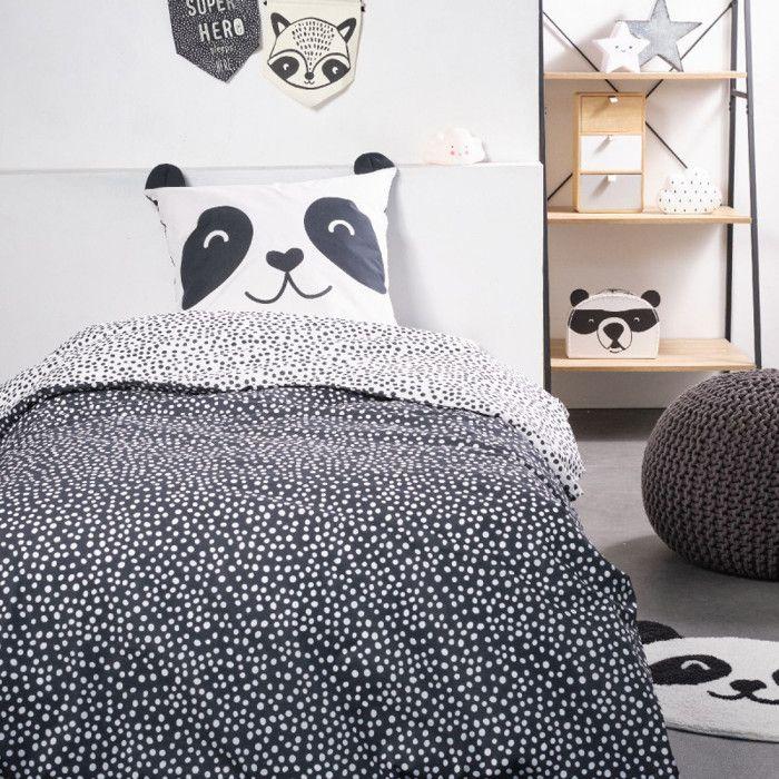 Parure de couette 140 x 200 "Funny Panda" Réversible 100% Coton / 57 Fils/cm²