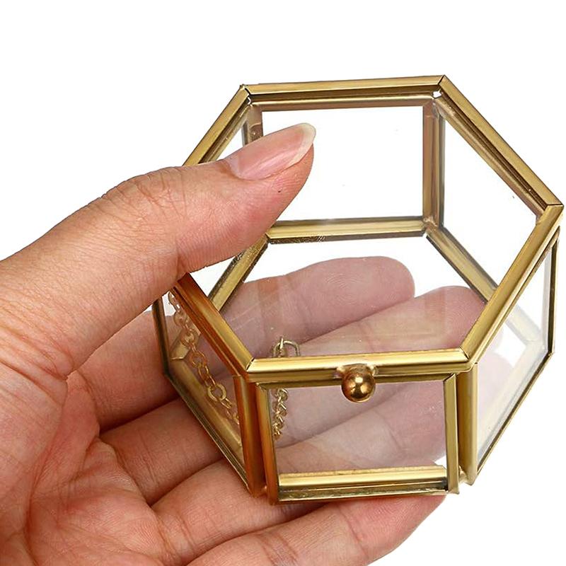 High-End Hexagonal Ring Box, Gold And Jewelry Accessory Box, Golden Glass Luxurious And Retro Jewelry Storage Box