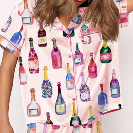 2Pcs/Set Pajamas Set Women Loungewear Sleepwear Button Closure Lapel Short Sleeve Casual Print Pajamas