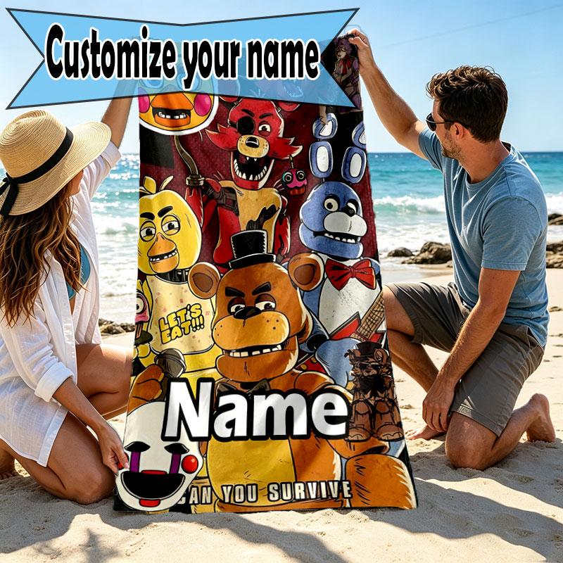 Custom Name Personalized Five Nights at Freddy's Print Beach Towel, for Trip Camping Beach Party Home Decor, Birthday Gift for Family & Friends
