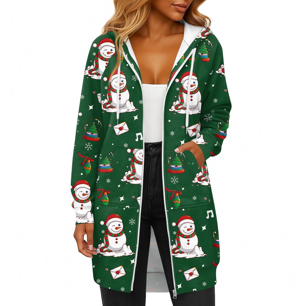 Women's Fashionable Christmas Printed Long Sleeved Drawstring Hooded Zipper Pocket Long Casual Sweatshirt Jacket