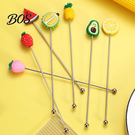 Syrup Mixing Stick Cocktail Stir Stick, Stainless Steel with Durian Pineapple Strawberry Colorful Fruit Decoration Stirrer Watermelon Rubber