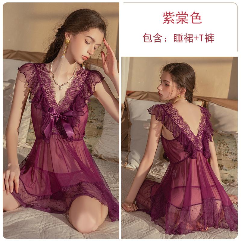 Women's Sheer Mesh Lace Bow Trim Sleep Dress with Robe Lingerie Set