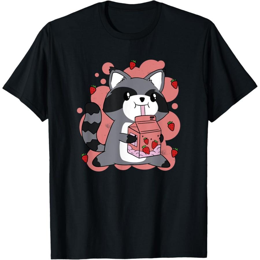 Cute Kawaii Raccoon Drinking Strawberry Milk Cute Animal T-Shirt