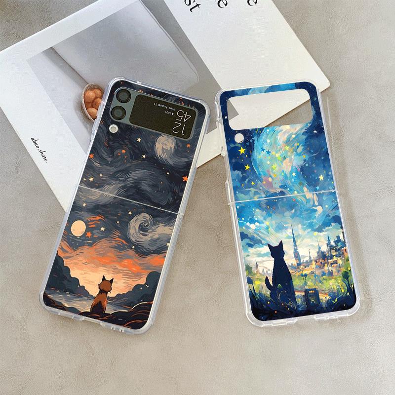 Чехол для телефона Samsung Galaxy Z Flip 7 Flip 6 5 4 3 5G с изображением черного кота и звездного неба, масляная живопись, складная крышка для Z Flip7 Flip5 Fundas
