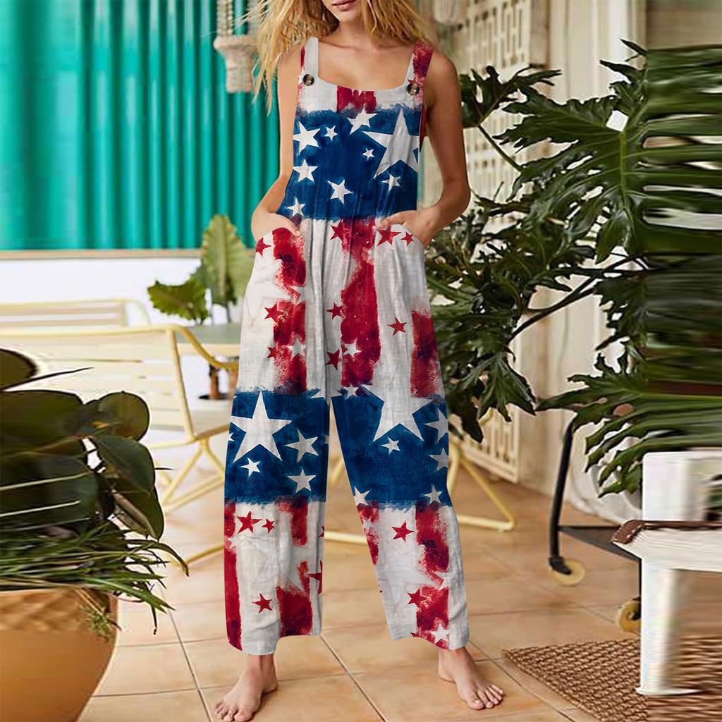 Женский модный комбинезон на пуговицах без рукавов с принтом ко Дню независимости