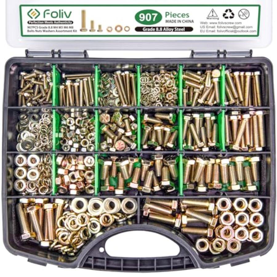 907pcs Grade 8.8 Metric Bolt and Nut Assortment Kit Featuring M4 M5 M6 M8 Sizes with Yellow Zinc Plating for Heavy Duty Applica