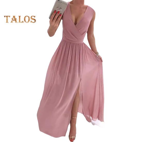 Женское вечернее платье с V-образным вырезом без рукавов, плиссированное подол с разрезом, тонкая талия, длина до пола, сплошной цвет, свадебное коктейльное платье для выпускного вечера, макси-платье