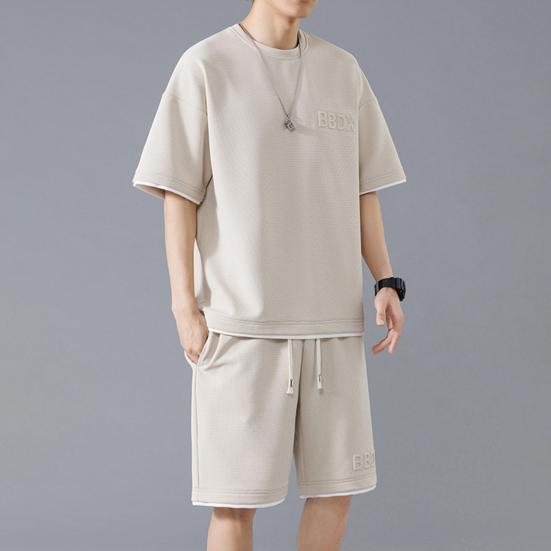 Мужской летний наряд из 2 шт./компл., футболка с коротким рукавом и круглым вырезом, эластичная талия, регулируемый шнурок, широкие шорты, комплект, поддельные