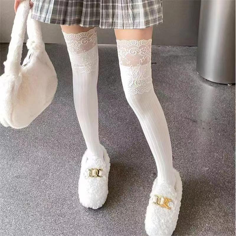 Socks Women Sexy Autumn/Winter Solid Color Thigh High Lace Cute Lolita Thick Warm Stockings Black White Overknee Long Leg Socks