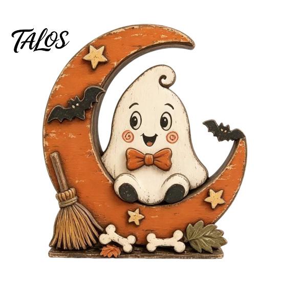 Водонепроницаемые ornaments из массива дерева Хэллоуин Ретро Тыква Колдунья Кошка Призрак Фигурки на Основании в виде Полумесяца, Жуткие Винтажные Осенние Праздничные Принадлежности