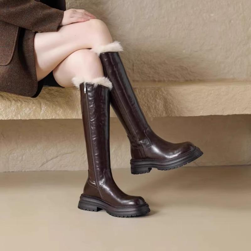 Женские длинные сапоги 2024 года, зимние теплые плюшевые рыцарские сапоги, новый стиль, боковая молния, водонепроницаемые, нескользящие, из искусственной кожи, устойчивые к холоду, хлопковые сапоги