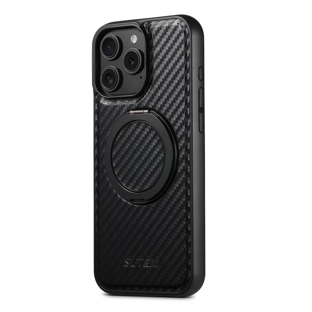 Для iPhone 16 15 14 13 12 Pro Max Чехол из углеродного волокна, Совместимый с магнитным встроенным подставкой, Ударопрочный защитный чехол