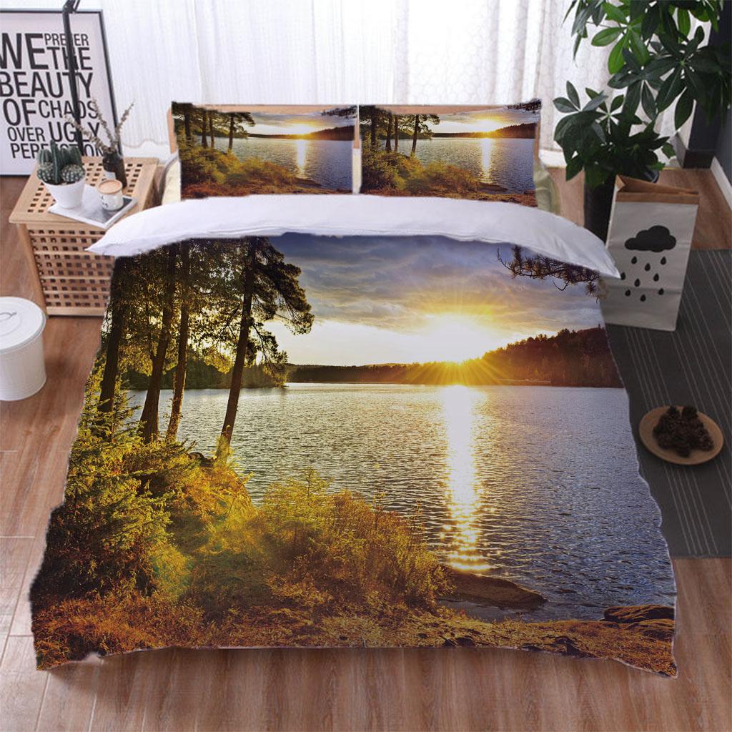 Duvet Cover Queen Size 3D Red Sunset Landscape Digital Printing, Double Size Bedding Set, Fashion Design, For Girls Kids Room