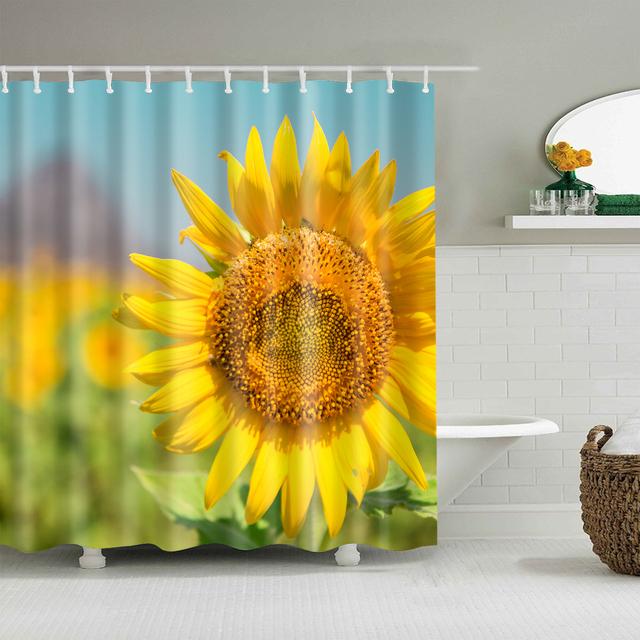 Chinese Style Flower Branch Landscape Shower Curtain 3D Printing Sunflower Bathroom Accessories Sets Waterproof Polyester Screen