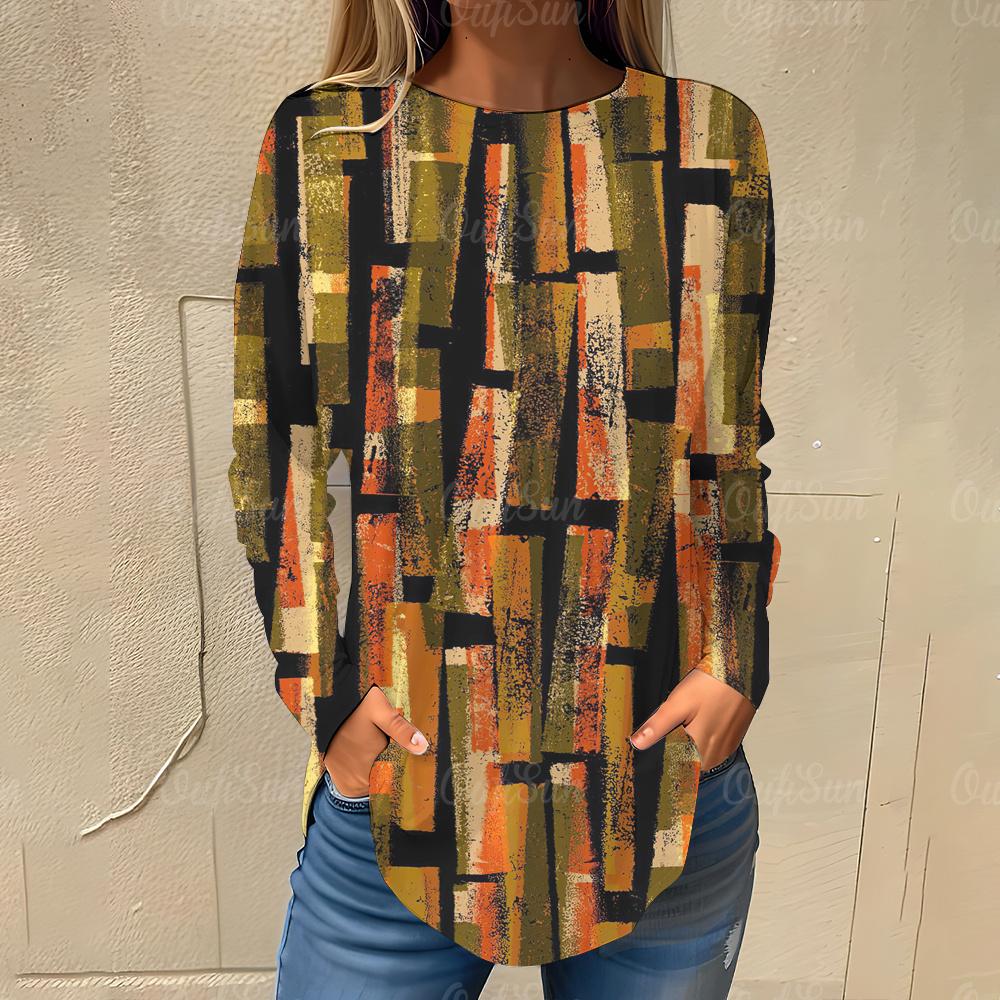 Irregular Color Blocks Pattern Print Women's T-shirts Autumn Casual Cotton Long Sleeves Tees Tops Female Clothing Streetwear