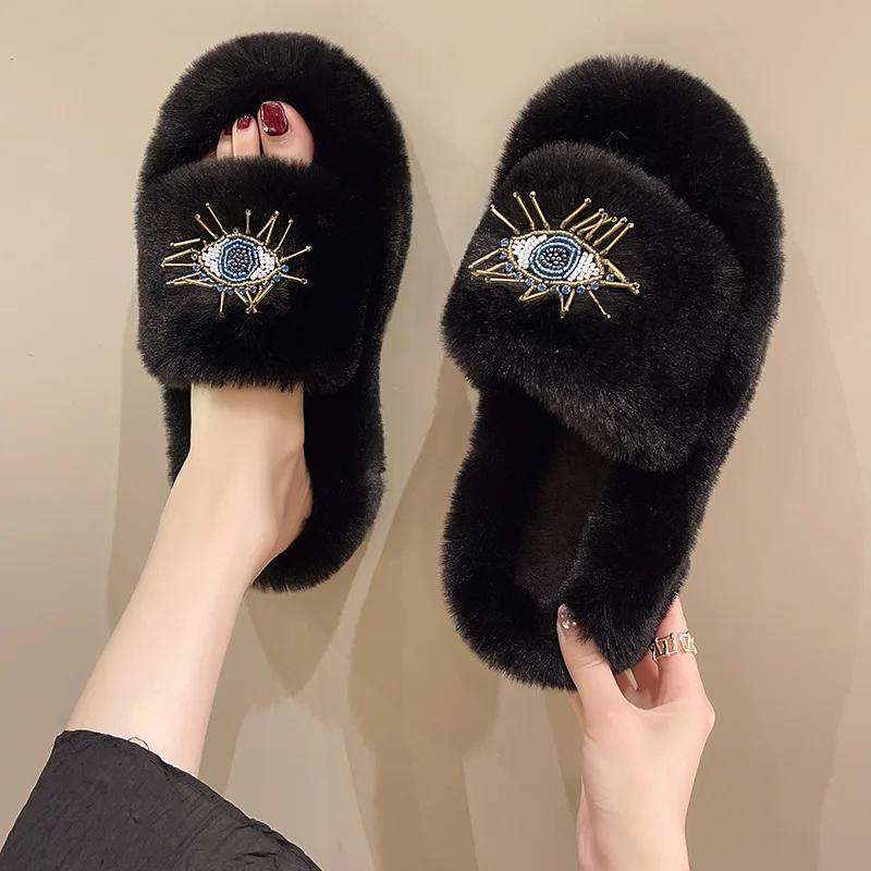 Fashion Ladies Winter Fashion Soft Warm New Comfort Flat Fur Slipper Outside Fluffy Slippers Indoor Plush Shoe Women's Luxury Slippers