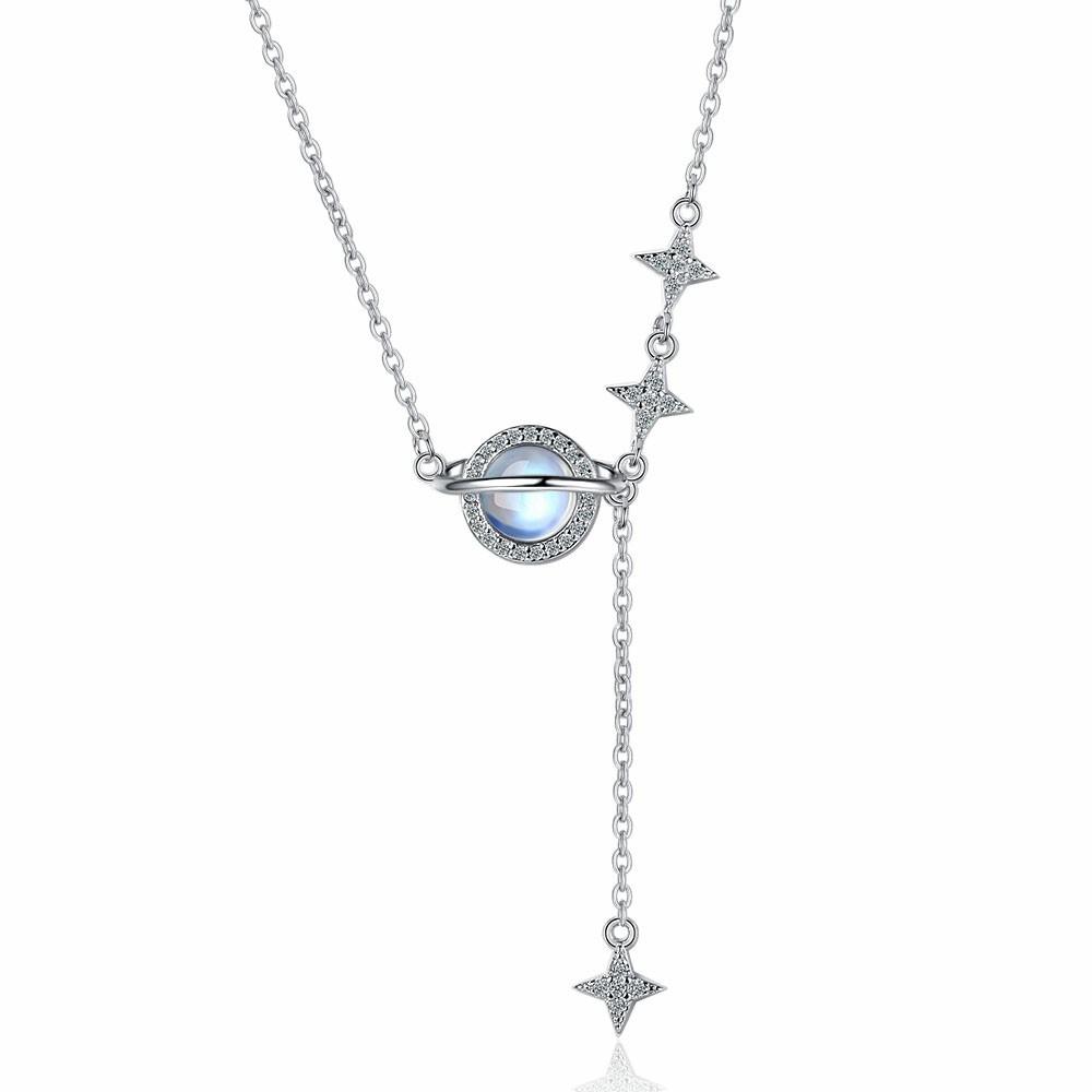 2026 Moonstone Planet Necklace Clavicle Chain Female Zircon Light Luxury Mori Autumn and Winter Star Moon Fringe Niche Design