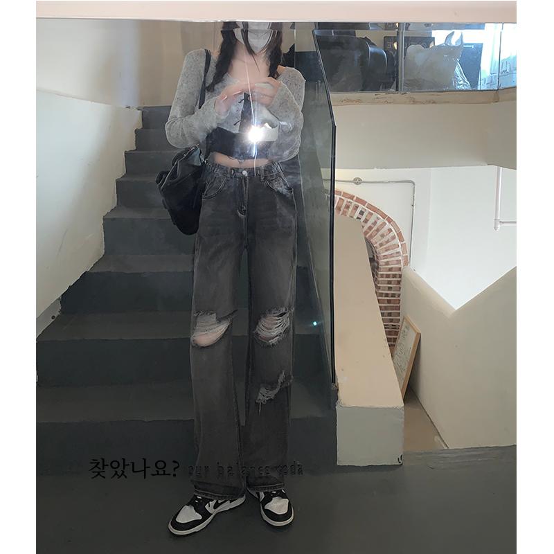 Большие размеры, рваные джинсы для полных девушек, женские, весна-лето, новые элегантные, маленькие, с высокой талией, прямые, широкие, женские брюки-швабры