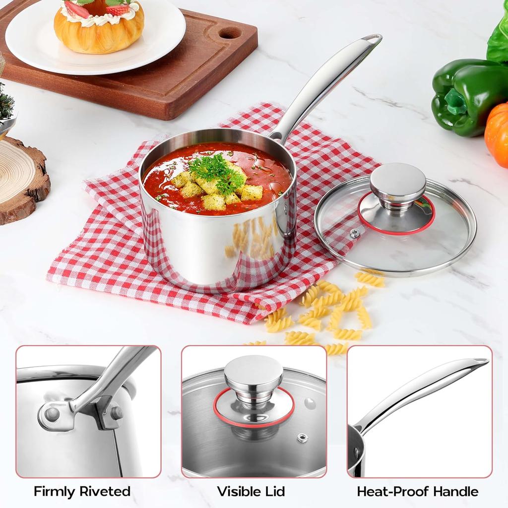 Маленькая кастрюля емкостью 1 кварта, трехслойная кастрюля для молочного соуса из нержавеющей стали со стеклянной крышкой, кухонная индукционная посуда для приготовления тушения, которую можно мыть в посудомоечной машине