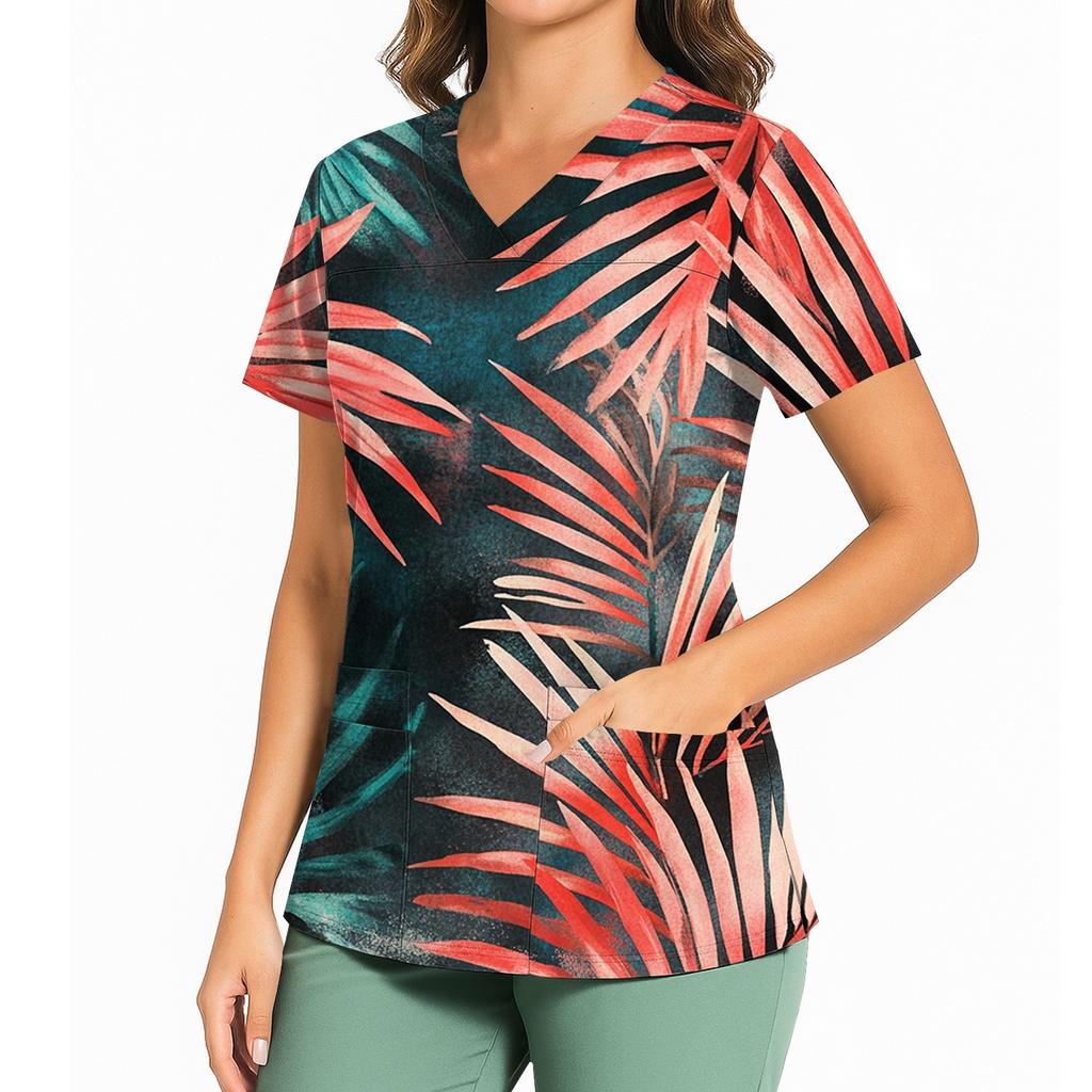 Женский повседневный топ с принтом, V-образным вырезом, карманом, боковым разрезом и короткими рукавами