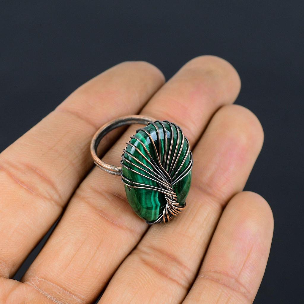 Древо Жизни Малахит Драгоценный Камень Медная Проволока Обернутое Кольцо Ручной Работы Индийские Украшения Для Нее