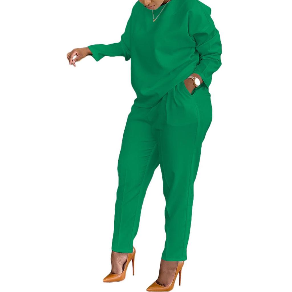 Женский комплект из двух предметов из плотной ткани Весна-Осень, Свободный топ с круглым вырезом и удобные брюки, Повседневный однотонный костюм для ежедневной носки