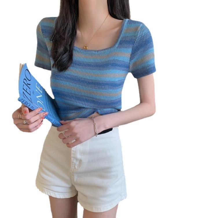Вязаный топ с квадратным вырезом и короткими рукавами для женщин, летний, облегающий, шикарный, нишевый, короткий, трендовый, повседневный, летний базовый, комфорт и стиль, облегающий крой, пуловеры, футболки