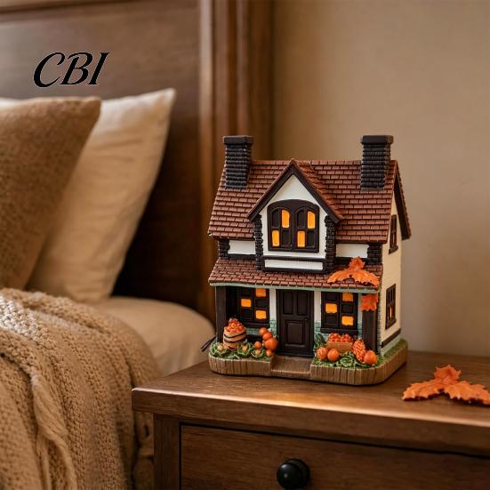 Теплый тон Ночник Винтажный Светящийся Тыквенный Домик, Хэллоуин Светящаяся Фигурка Поместья, Декор для Помещения, Украшение на Камин Осенний Жуткий Стол