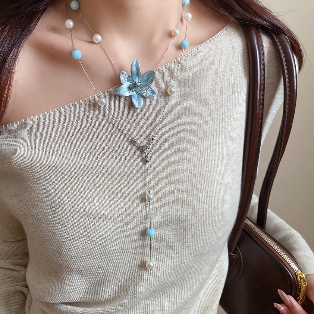 Luxury Blue Flower Collarbone Chain High-end Brilliant Jewelry Stacked Beaded Lilium Necklace Multi-layered Chrysanthemum