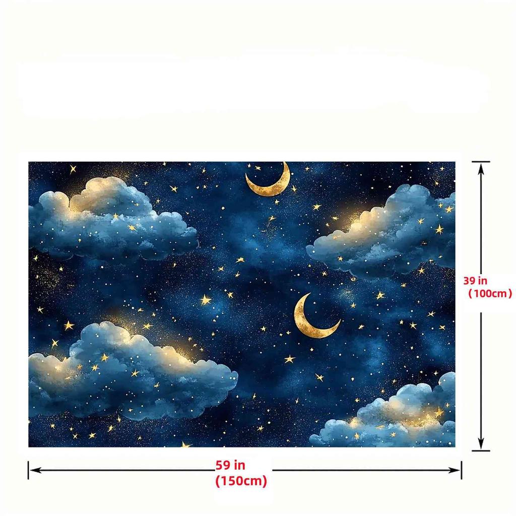 2D Plane - Polyester material night sky backdrop, featuring golden moons and stars, suitable for party and studio decoration