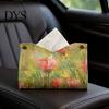 Foldable Napkin Storage Leather Tissue Box Cover with Oil Painting Pattern, Desktop Organizer, Holder Multi Purpose Case, Facial Paper Organizer