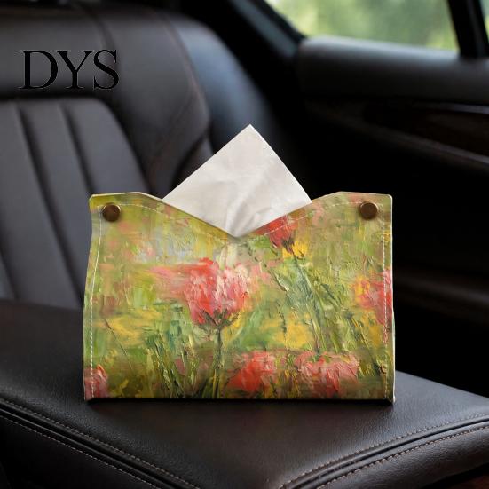 Foldable Napkin Storage Leather Tissue Box Cover with Oil Painting Pattern, Desktop Organizer, Holder Multi Purpose Case, Facial Paper Organizer